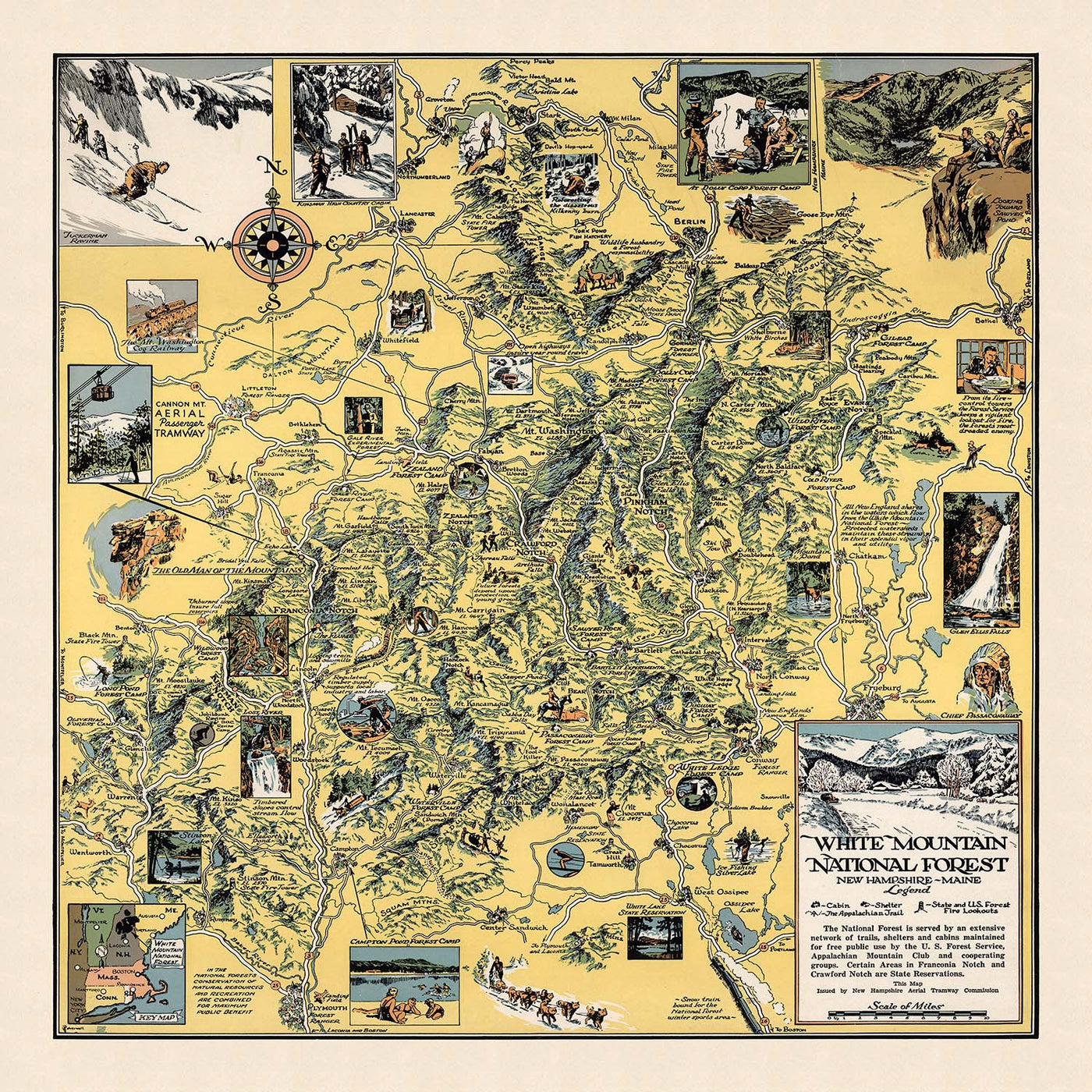 Ancienne carte picturale de la forêt nationale des White Mountains, 1930 : Mont Cannon, sentier des Appalaches, Franconia Notch, Mont Washington, Conway 