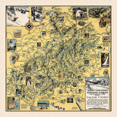 Ancienne carte picturale de la forêt nationale des White Mountains, 1930 : Mont Cannon, sentier des Appalaches, Franconia Notch, Mont Washington, Conway 