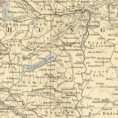 Old Map of Austria-Hungary by Black, 1884: Vienna, Budapest, Alps, Danube, Adriatic