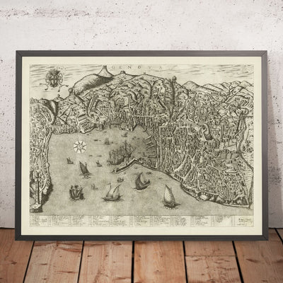 Old Pictorial Map of Genoa by Duchetti, 1584: Harbor, Laterna, Ships