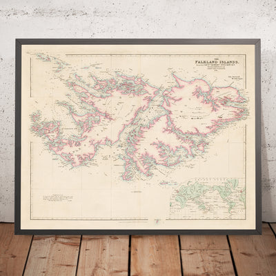 Mapa antiguo de las Islas Malvinas por Arrowsmith, 1848: Puerto Stanley, Bahía Charlotte, Puerto Ross, Inset Mundo 