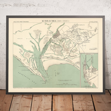 Ancienne carte de Karachi, 1886 : Port et port, cantonnement, rochers aux huîtres, phare 