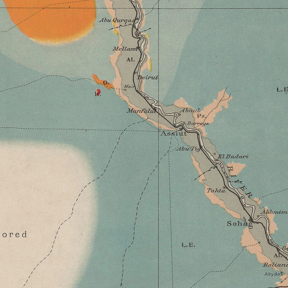 Ancienne carte géologique d'Égypte, 1910 : Nil, mer Rouge, Le Caire, Alexandrie, Suez 