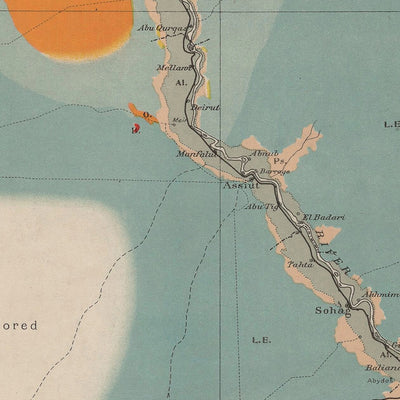 Ancienne carte géologique d'Égypte, 1910 : Nil, mer Rouge, Le Caire, Alexandrie, Suez 