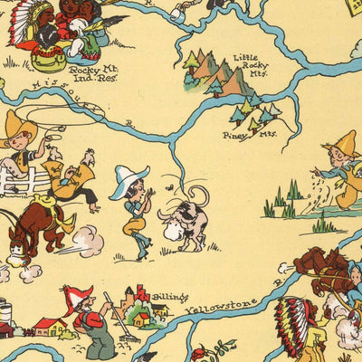 Pictorial Map of Montana by Ruth Taylor White, 1935: Billings, Missoula, Yellowstone & Glacier National Parks, Rocky Mountains, Missouri River