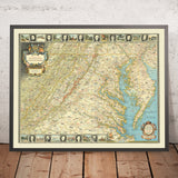 Ancienne carte de la capitale de la nation, 1938 : États-Unis, baie de Chesapeake, Washington DC, Baltimore, Annapolis, Richmond 