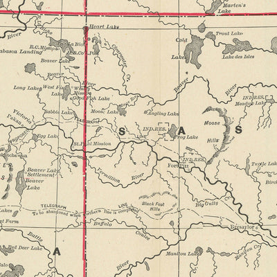 Ancienne carte du territoire du Nord-Ouest du Canada par Cram, 1891 : Edmonton, Calgary, chemins de fer 