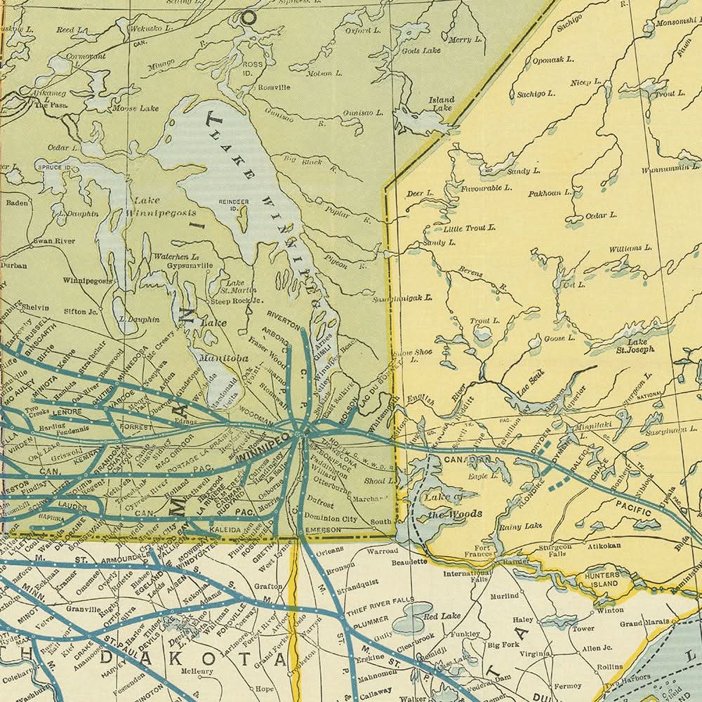 Alte Karte der Canadian Pacific Railway von Poole Brothers, 1912: Kanada und Nord-USA, Große Seen, Hudson Bay 