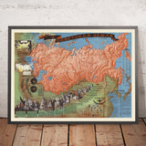 Vecchia mappa pittorica dell'Unione Sovietica, 1948: Industria, Agricoltura, Risorse Naturali 