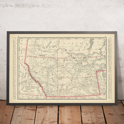 Ancienne carte du territoire du Nord-Ouest du Canada par Cram, 1891 : Edmonton, Calgary, chemins de fer 
