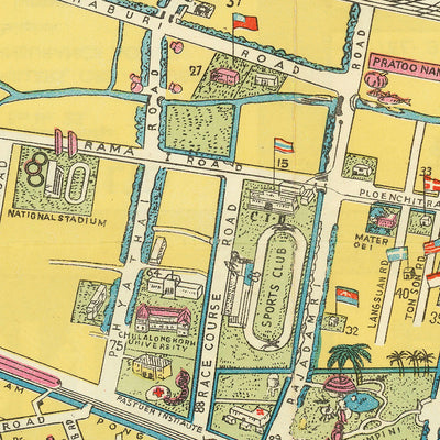 Old Map of Bangkok, 1954: Chao Phraya, Wat Arun, Grand Palace, Dusit, Lumphini Park