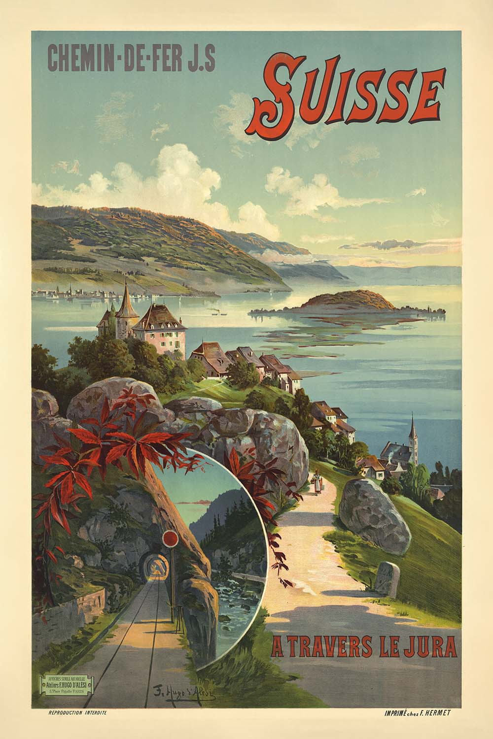 Affiche de voyage suisse ancienne : À travers le Jura – Suisse, 1895 par Frederic Hugo d’Alési 