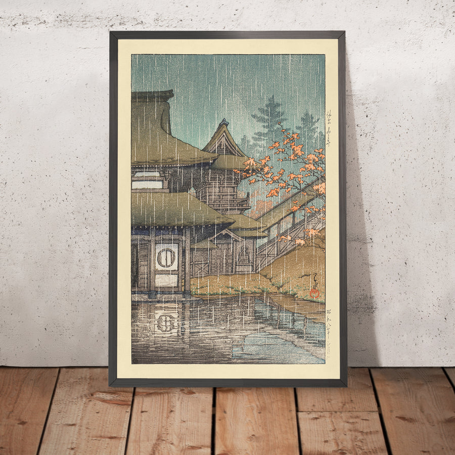 A framed image of Yamadera Temple on a Rainy Day in Sendai by Hasui Kawase, 1935