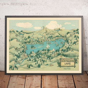 Old Pictorial Map of Huntington Lake, CA by Jones, 1940: Kaiser Peak, Twin Lakes, Camps, Trails, Fire Prevention