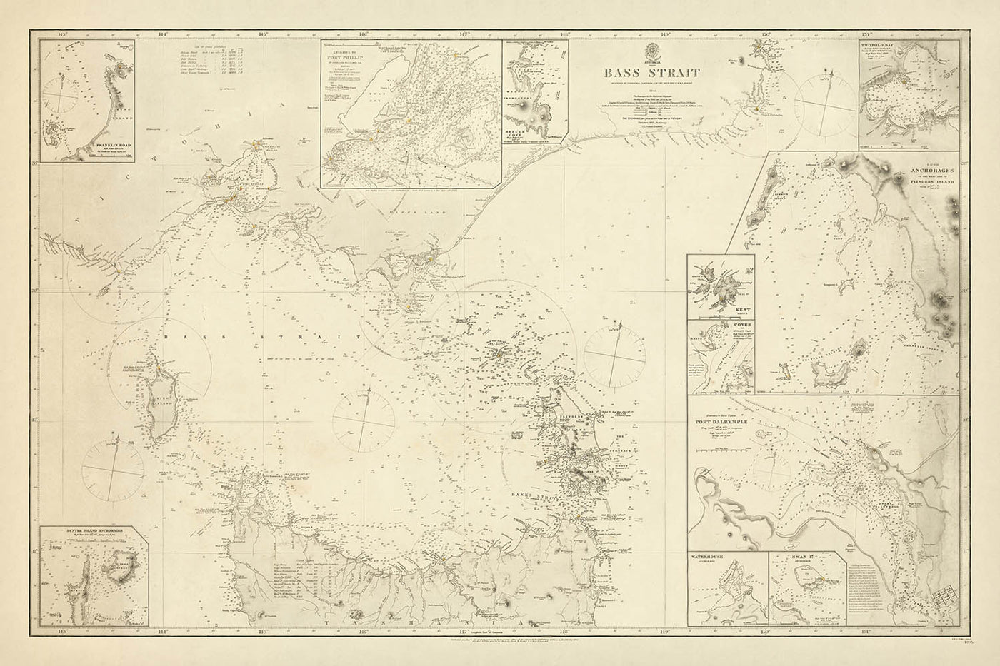 Antigua carta náutica del Estrecho de Bass por Stokes, 1844: Australia, Tasmania, Puerto Dalrymple, Isla King 