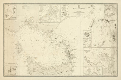 Antigua carta náutica del Estrecho de Bass por Stokes, 1844: Australia, Tasmania, Puerto Dalrymple, Isla King 