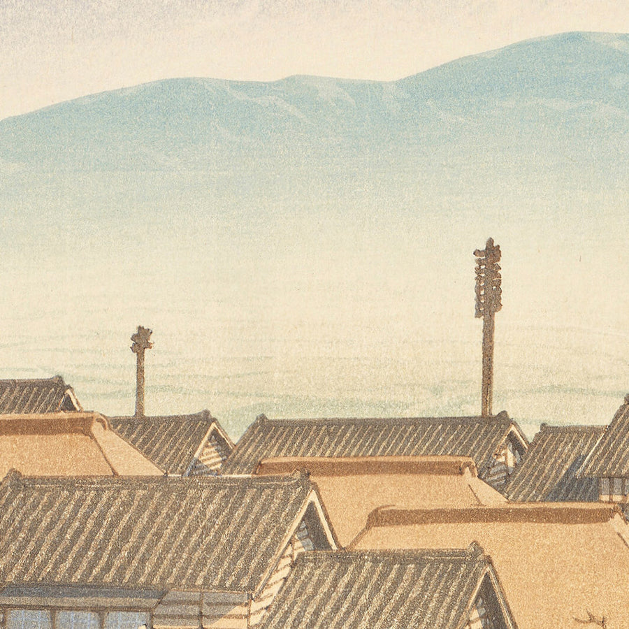 Mattina a Motoyoshiwara con il Monte Fuji di Hasui Kawase 1935 