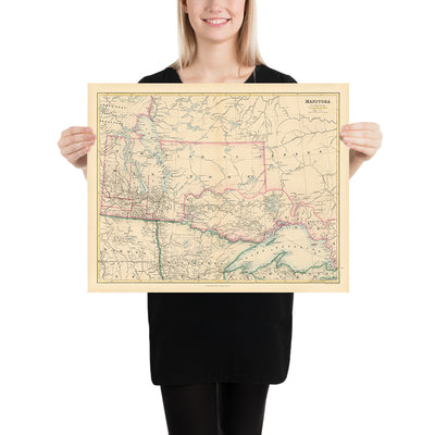 Ancienne carte du Manitoba par Arrowsmith, 1884 : Winnipeg, rivière Rouge, lac Winnipeg, chemins de fer, frontières 