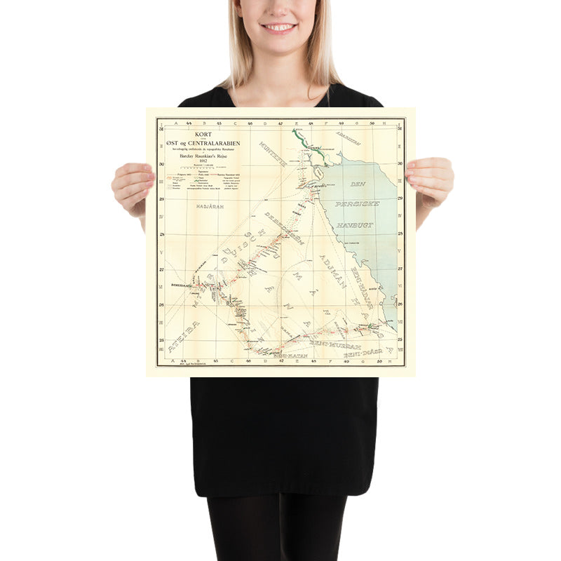 Mapa del Viajero Alemán de Arabia por Raunkiaer, 1912: Riad, Kuwait, Golfo Pérsico, Rutas de Caravanas, Desiertos 