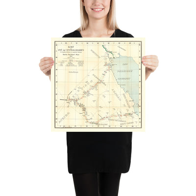 Mapa del Viajero Alemán de Arabia por Raunkiaer, 1912: Riad, Kuwait, Golfo Pérsico, Rutas de Caravanas, Desiertos 