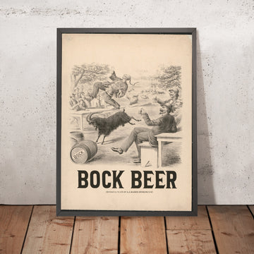 A framed image of Vintage Bock Beer Poster by A.J. Maerz, 1879