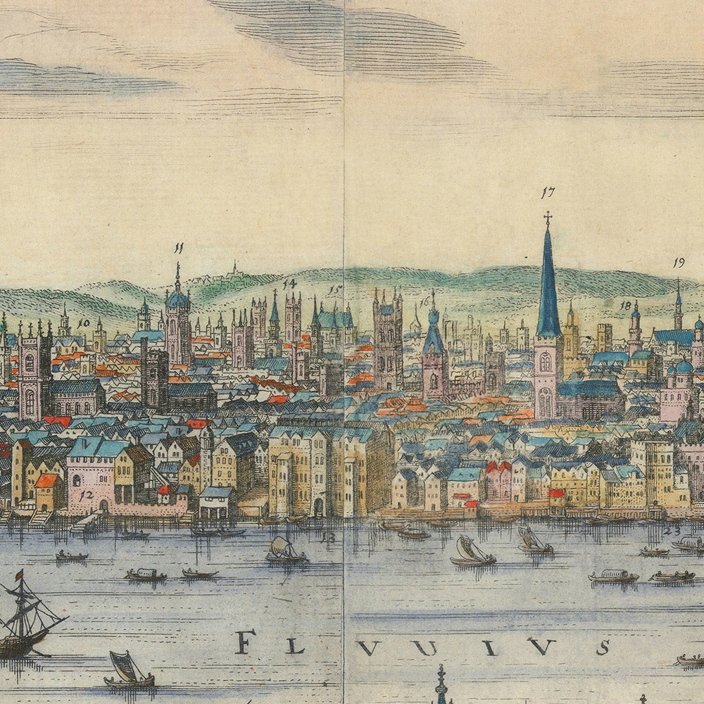 Old Bird’s Eye Map of London by Merian, 1640: Thames, London Bridge, Tower, Whitehall, Globe Theatre