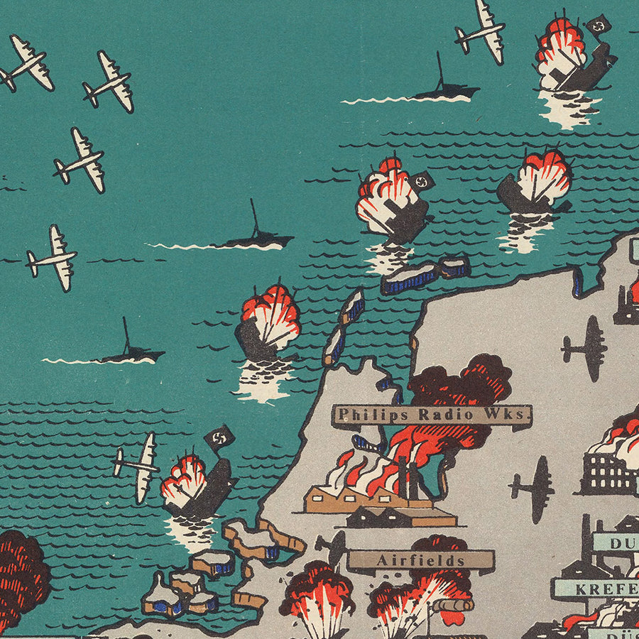 Old Pictorial Military Map of Britain in World War II by Blake, 1944: English Channel, Allied Offensives