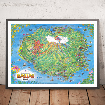 Mappa Picturale Antica di Kauai di Olson, 1980: Lihue, Canyon di Waimea, Costa Na Pali, Baia di Hanalei, Kilauea 