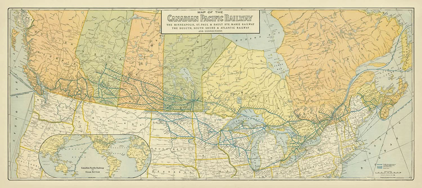 Alte Karte der Canadian Pacific Railway von Poole Brothers, 1912: Kanada und Nord-USA, Große Seen, Hudson Bay 