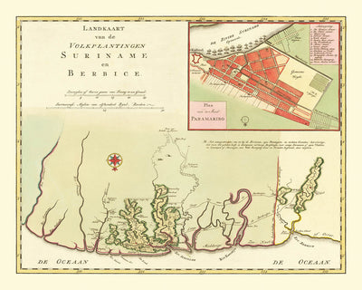 Rare Colonial Map of Suriname & Berbice by Tirion, 1760: Paramaribo Inset, Plantations, Rivers, Indigenous Villages, Colonial Borders