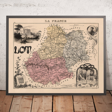 Old Pictorial Map of Lot, France by Vuillemin, 1869: Cahors, Figeac, Gourdon, Lot River, Rocamadour