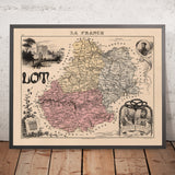 Antica mappa illustrata del Lot, Francia di Vuillemin, 1869: Cahors, Figeac, Gourdon, fiume Lot, Rocamadour 
