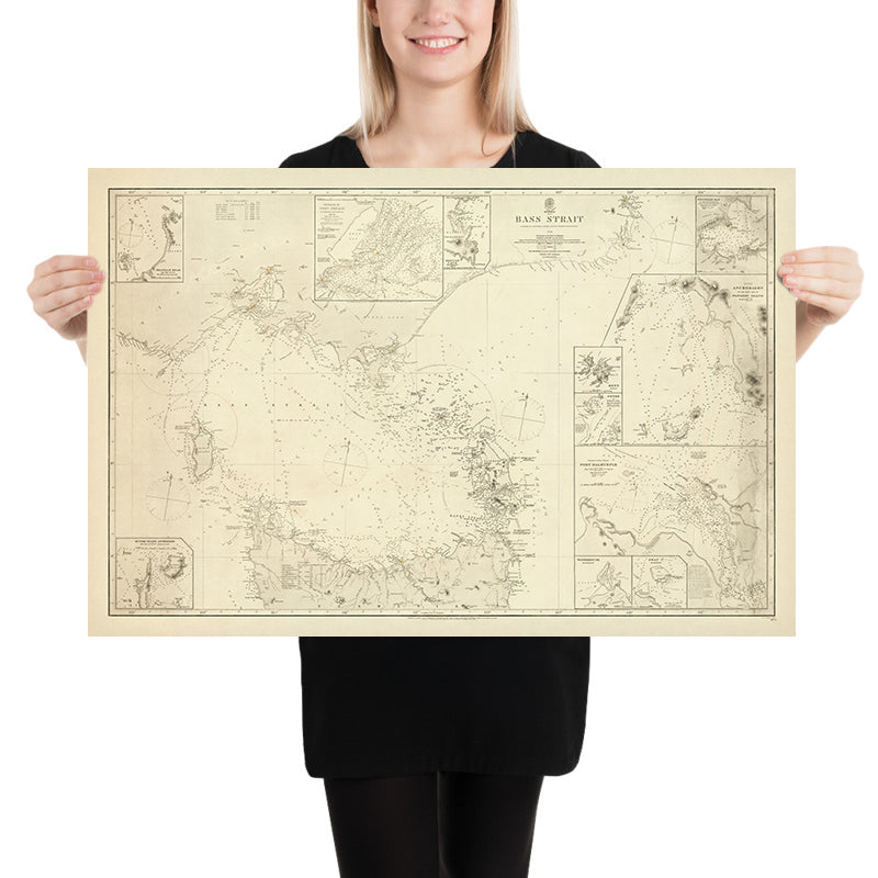 Antigua carta náutica del Estrecho de Bass por Stokes, 1844: Australia, Tasmania, Puerto Dalrymple, Isla King 