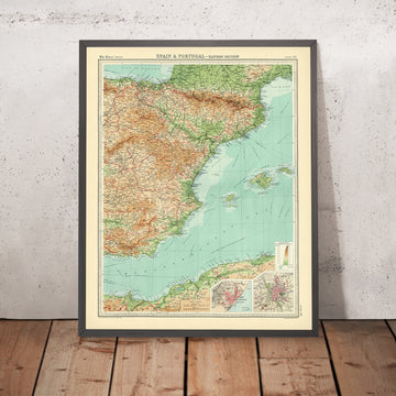 Mapa antiguo del Este de España de Bartholomew, 1922: Barcelona, Valencia, Pirineos, Delta del Ebro, Sierra Nevada 