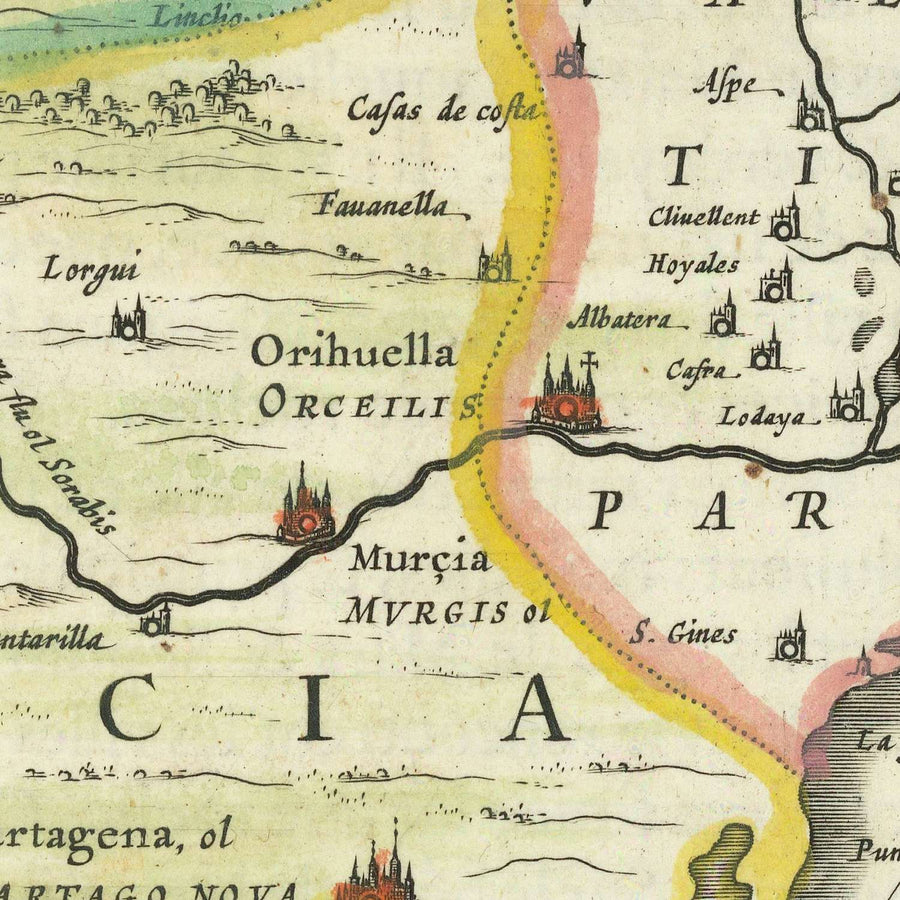 Antica mappa del sud della Spagna di Blaeu, 1640: Granada, Murcia, Malaga, Battaglia navale 