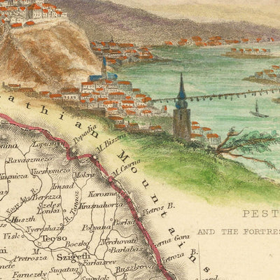 Antigua mapa de Hungría por Tallis, 1851: Budapest, Danubio, Cárpatos, Nobles, Campesinos 