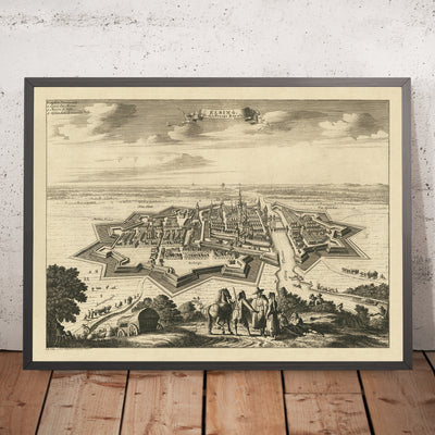 Old Bird's Eye Map of Elbląg, Poland, 1725: Fortified Walls, Maritime Routes, Churches, Rural Landscape