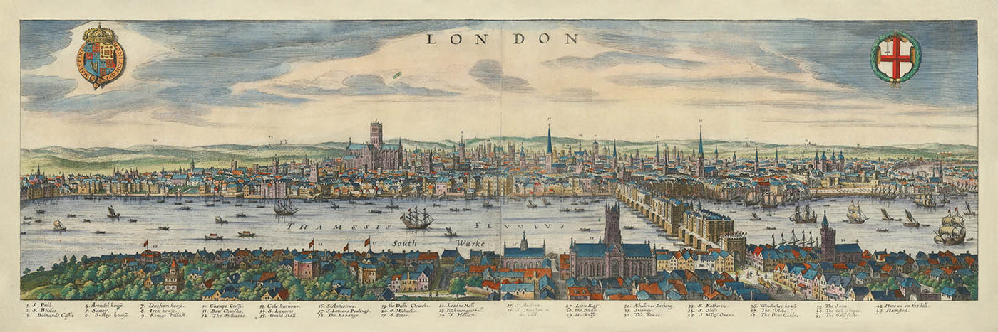 Old Bird’s Eye Map of London by Merian, 1640: Thames, London Bridge, Tower, Whitehall, Globe Theatre