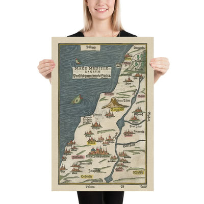 Old Map of Palestine by Bunting, 1592: Canaan, Israel, Jerusalem, Gaza, Jordan River