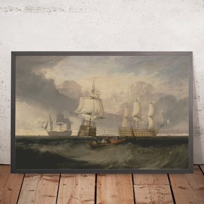 A framed image of The Victory Returning from Trafalgar, in Three Positions (Turner) by JMW Turner, 1806