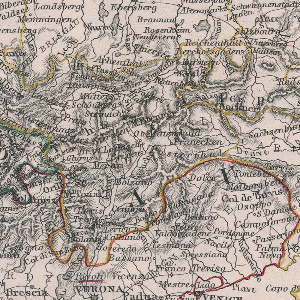 Antigua mapa de las campañas de Napoleón en Italia, Suiza y Alemania, 1796 