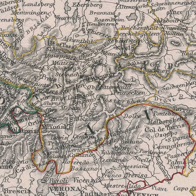 Antigua mapa de las campañas de Napoleón en Italia, Suiza y Alemania, 1796 
