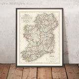 Alte Karte von Irland von Lewis, 1846: Dublin, Cork, River Shannon, Grafschaften und Provinzen, frühe Eisenbahnen 