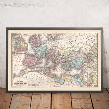Old Map of the Roman Empire in AD 107 by Mitchell, 1865: Rome, Alexandria, Carthage, Rhine-Danube, Britannia inset