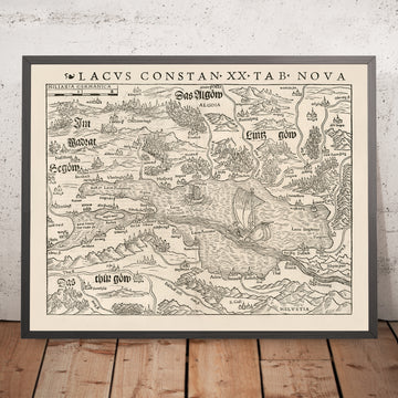 Old Map of Lake Constance by Munster, 1540: German-Swiss-Austrian Border, Konstanz, Lindau, Bregenz, St. Gallen, Holbein Style