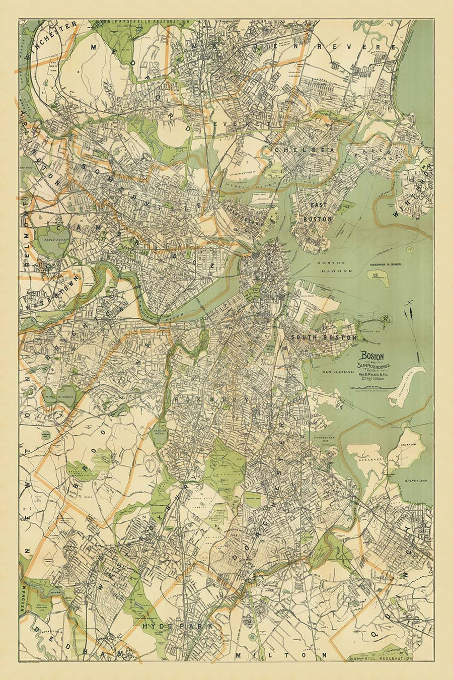 Grande mappa stradale antica di Boston di Walker, 1905: Boston Common, Harvard, fiume Charles, Back Bay 