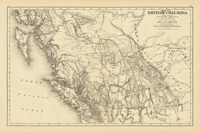 Ancienne carte ferroviaire de la Colombie-Britannique par Trutch, 1878 : Vancouver, Victoria, itinéraires du CPR, rivière Fraser, Rocheuses 