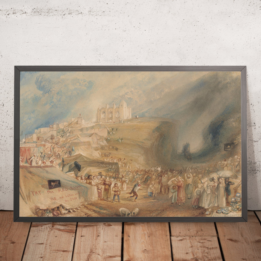 A framed image of Saint Catherine’s Hill, Guildford, Surrey by Turner, 1830