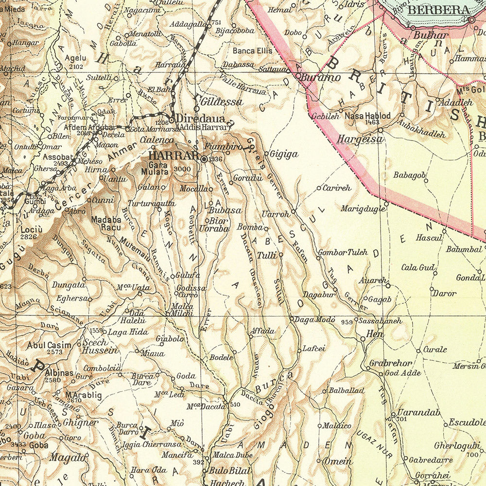 Antigua mapa de África Oriental por el Touring Club Italiano, 1936: Addis Abeba, Mogadiscio, Mar Rojo, Ferrocarriles, Mapas Inset 