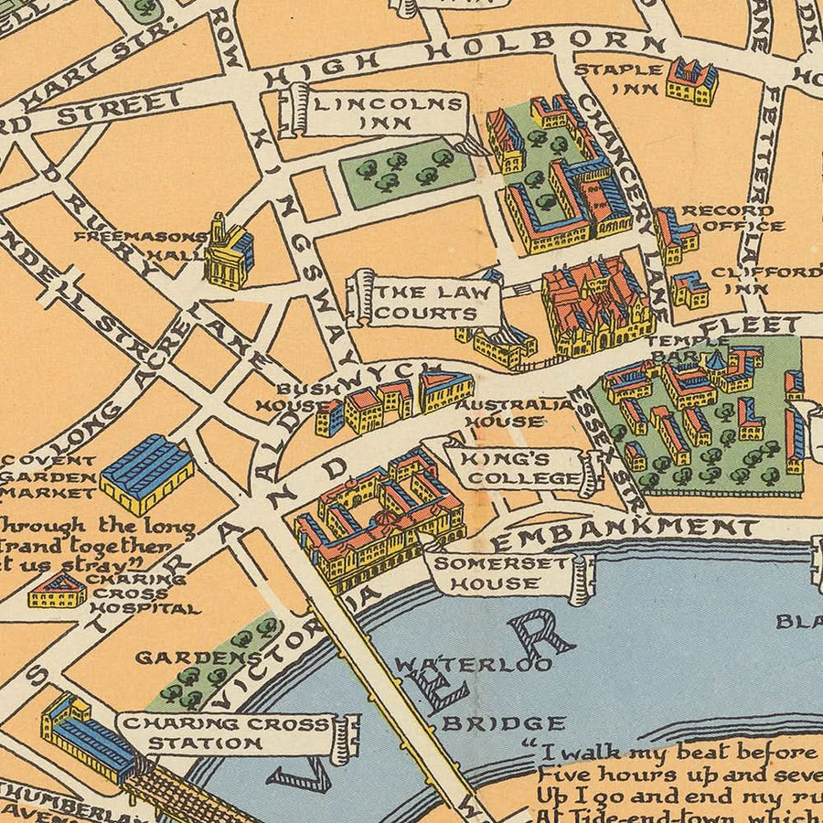 Vecchia mappa storica di Londra di Bullock, 1938: Torre di Londra, St. Paul&